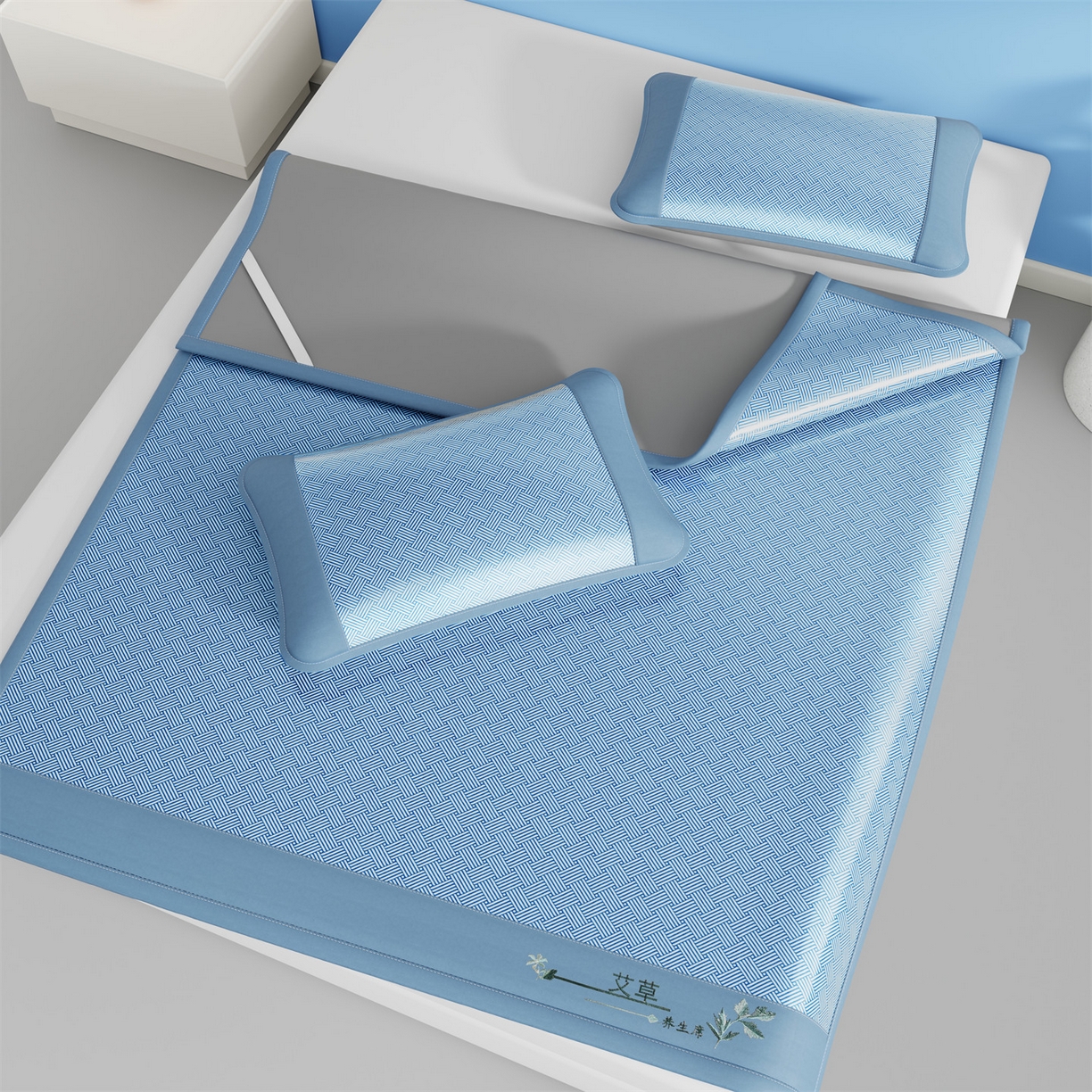 91家纺网 家纺一手货源 找家纺 青雅席业 2026新款艾草凉感饼干花冰丝凉席 饼干花冰丝席-蓝色