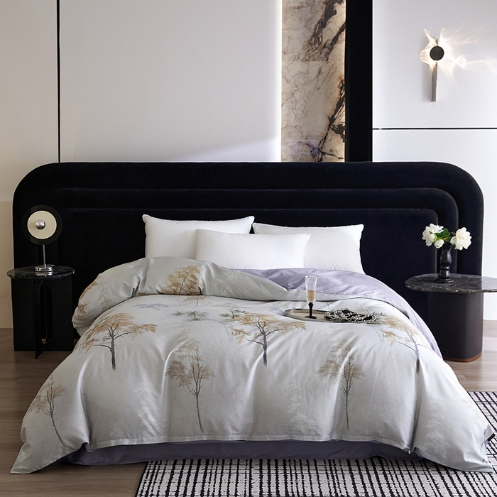 91家纺网 家纺一手货源 找家纺 梧桐树 2026新款全棉纯棉长绒棉数码印花系列四件套 S55森屿灰