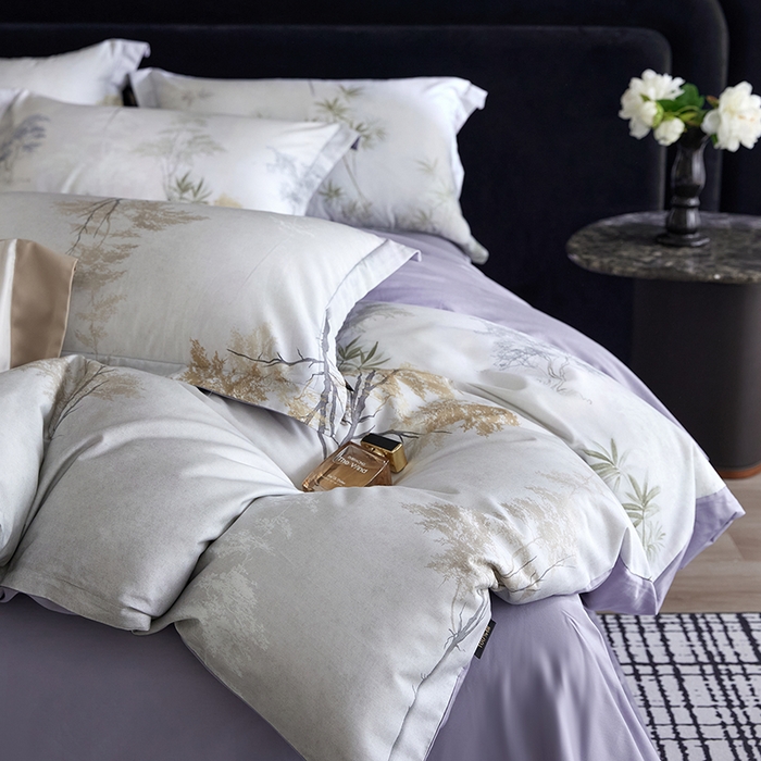 91家纺网 家纺一手货源 找家纺 梧桐树 2026新款全棉纯棉长绒棉数码印花系列四件套 S55森屿灰