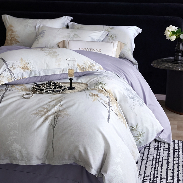 91家纺网 家纺一手货源 找家纺 梧桐树 2026新款全棉纯棉长绒棉数码印花系列四件套 S55森屿灰