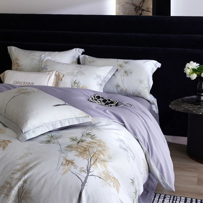 91家纺网 家纺一手货源 找家纺 梧桐树 2026新款全棉纯棉长绒棉数码印花系列四件套 S55森屿灰