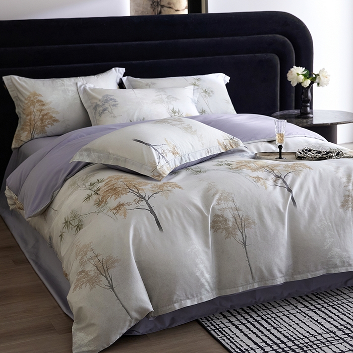 91家纺网 家纺一手货源 找家纺 梧桐树 2026新款全棉纯棉长绒棉数码印花系列四件套 S55森屿灰