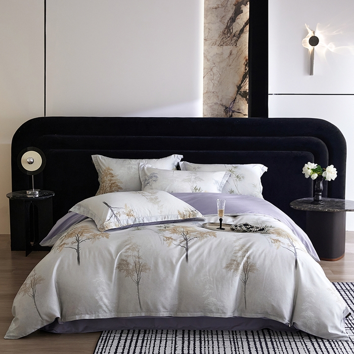 91家纺网 家纺一手货源 找家纺 梧桐树 2026新款全棉纯棉长绒棉数码印花系列四件套 S55森屿灰