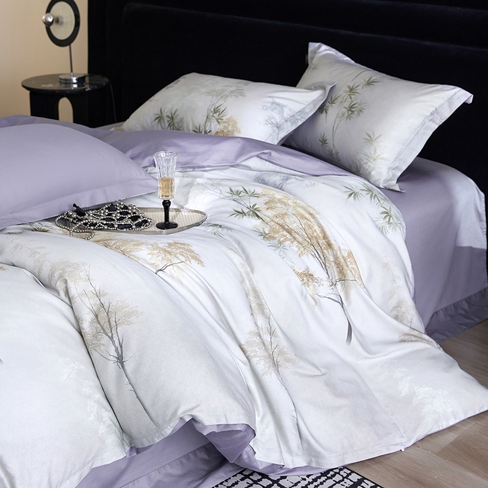 91家纺网 家纺一手货源 找家纺 梧桐树 2026新款全棉纯棉长绒棉数码印花系列四件套 S55森屿灰