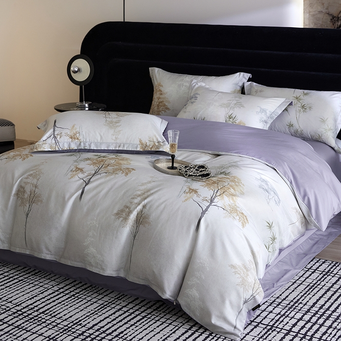 91家纺网 家纺一手货源 找家纺 梧桐树 2026新款全棉纯棉长绒棉数码印花系列四件套 S55森屿灰