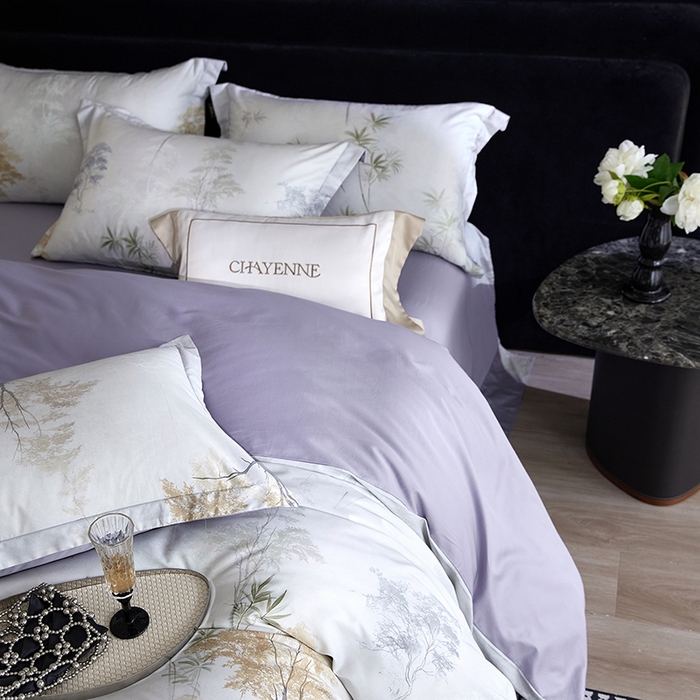 91家纺网 家纺一手货源 找家纺 梧桐树 2026新款全棉纯棉长绒棉数码印花系列四件套 S55森屿灰