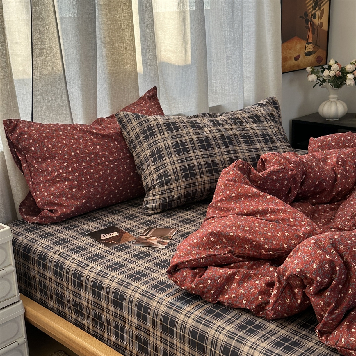 91家纺网 家纺一手货源 找家纺 拾一 2026新款日韩复古混搭风田园小碎花水洗棉木棉四件套 红韵碎花