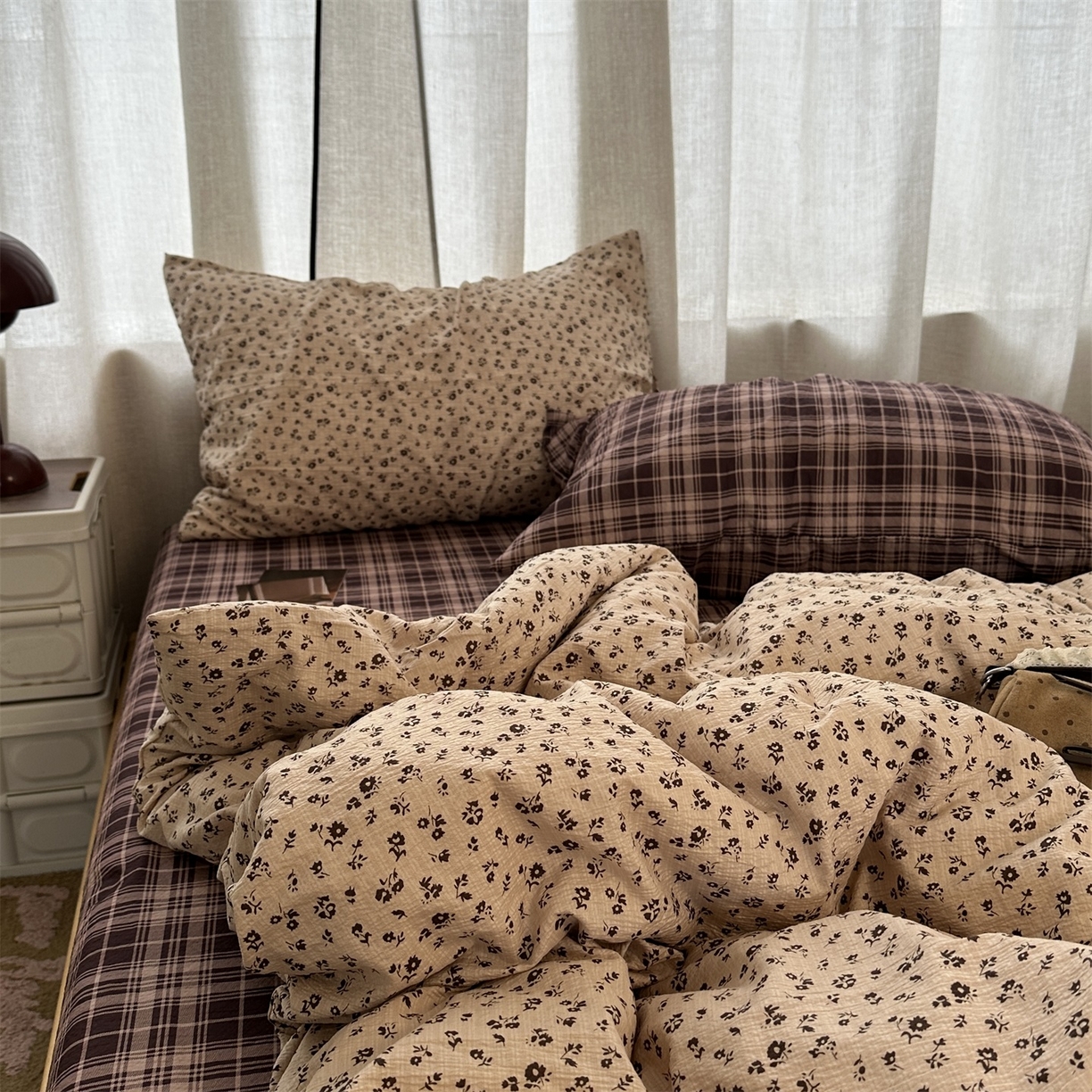 拾一 2026新款日韩复古混搭风田园小碎花水洗棉木棉四件套 卡其花间