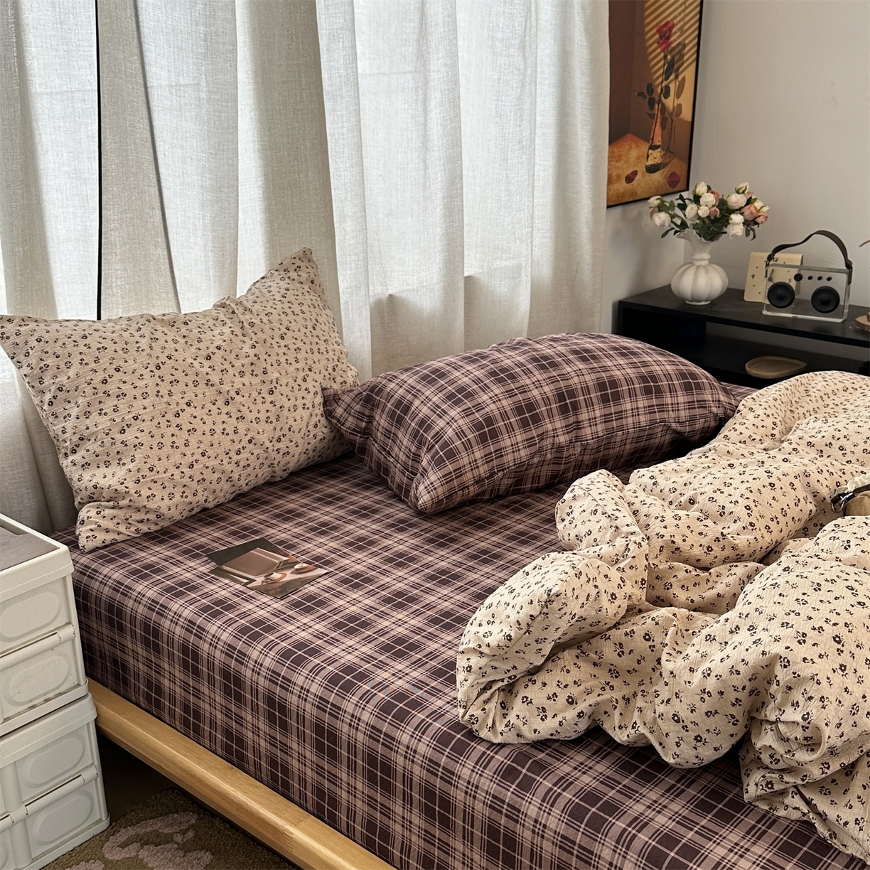 91家纺网 家纺一手货源 找家纺 拾一 2026新款日韩复古混搭风田园小碎花水洗棉木棉四件套 卡其花间