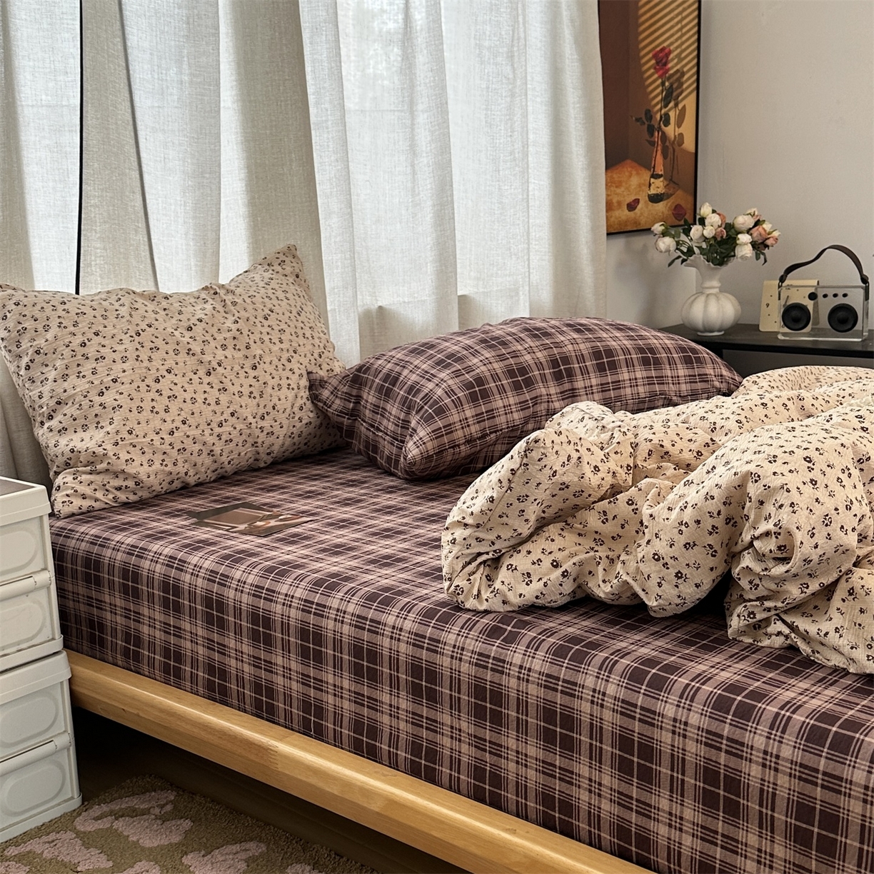 91家纺网 家纺一手货源 找家纺 拾一 2026新款日韩复古混搭风田园小碎花水洗棉木棉四件套 卡其花间