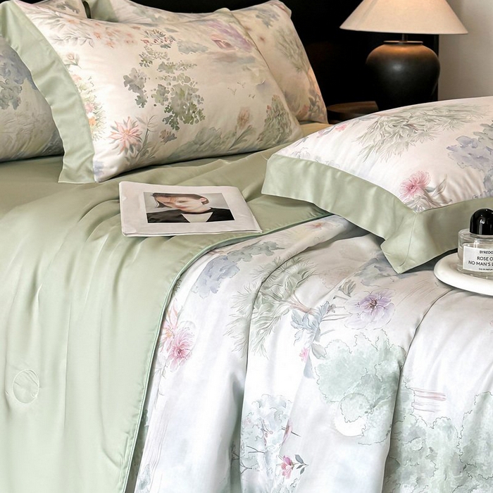 91家纺网 家纺一手货源 找家纺 （总）慕晨 2026新款大宽边天丝莱赛尔数码印花夏被四件套高级简奢款丝滑丝绸直播热款