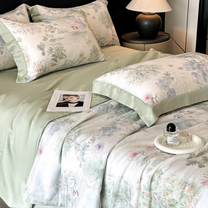 91家纺网 家纺一手货源 找家纺 （总）慕晨 2026新款大宽边天丝莱赛尔数码印花夏被四件套高级简奢款丝滑丝绸直播热款