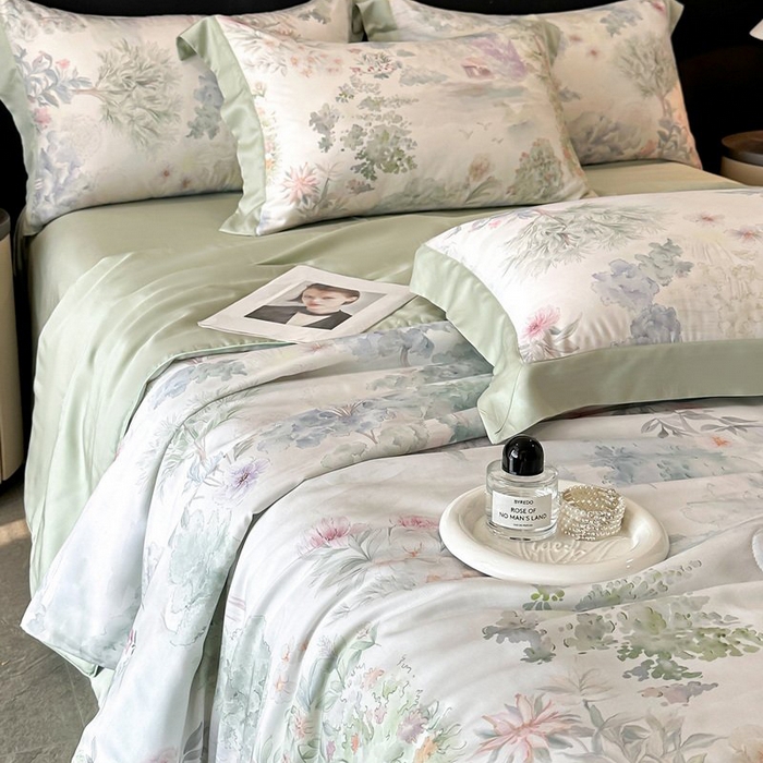 91家纺网 家纺一手货源 找家纺 （总）慕晨 2026新款大宽边天丝莱赛尔数码印花夏被四件套高级简奢款丝滑丝绸直播热款