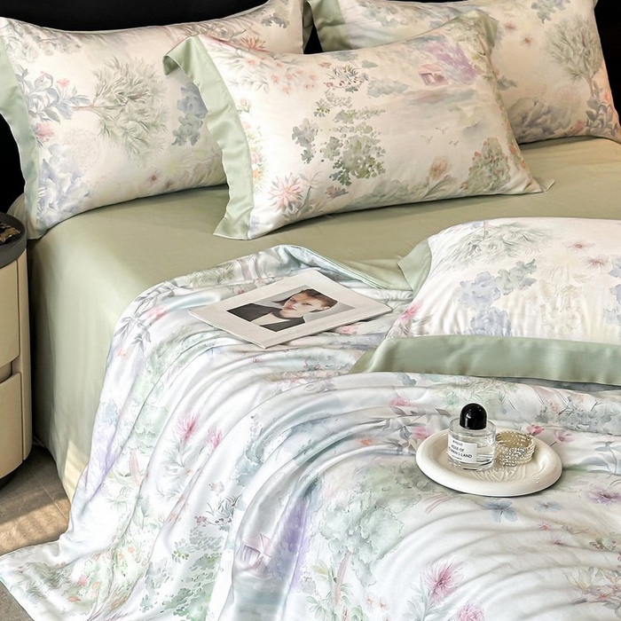 91家纺网 家纺一手货源 找家纺 （总）慕晨 2026新款大宽边天丝莱赛尔数码印花夏被四件套高级简奢款丝滑丝绸直播热款