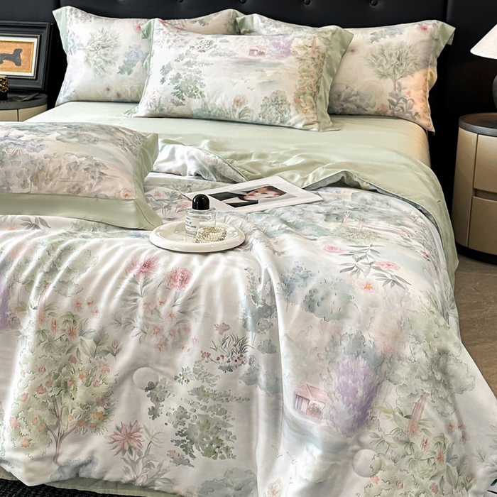 91家纺网 家纺一手货源 找家纺 （总）慕晨 2026新款大宽边天丝莱赛尔数码印花夏被四件套高级简奢款丝滑丝绸直播热款