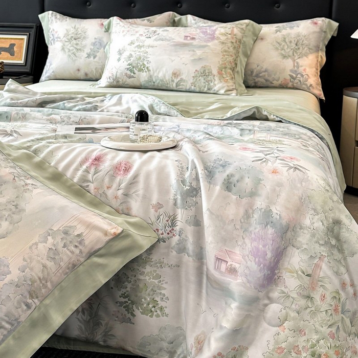 91家纺网 家纺一手货源 找家纺 （总）慕晨 2026新款大宽边天丝莱赛尔数码印花夏被四件套高级简奢款丝滑丝绸直播热款