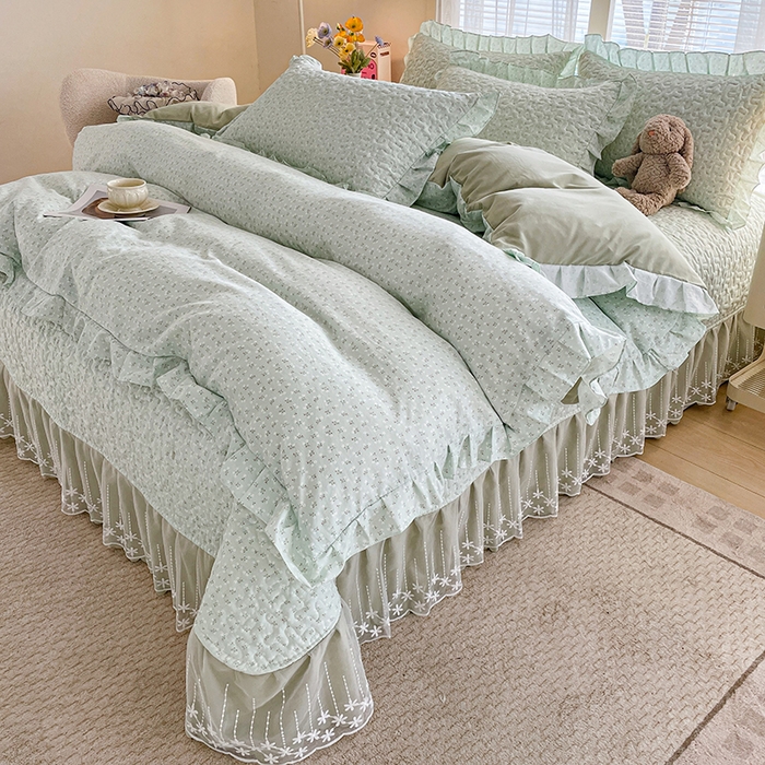 艺慕家纺 2026新款直播热款古法仿棉水洗棉印花双层蕾丝花边床盖四件套 薄荷绿
