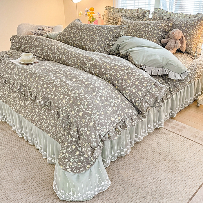 艺慕家纺 2026新款直播热款古法仿棉水洗棉印花双层蕾丝花边床盖四件套 金盏花语