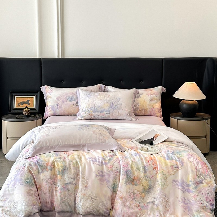 91家纺网 家纺一手货源 找家纺 （总）慕晨 2026新款大宽边高级简奢款凉感天丝莱赛尔数码印花丝滑丝绸四件套直播热款