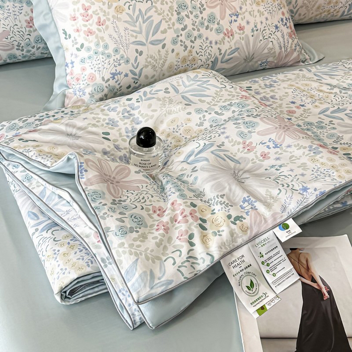 91家纺网 家纺一手货源 找家纺 （总）慕晨 2026新款大宽边天丝莱赛尔数码印花夏被四件套高级简奢款丝滑丝绸直播热款