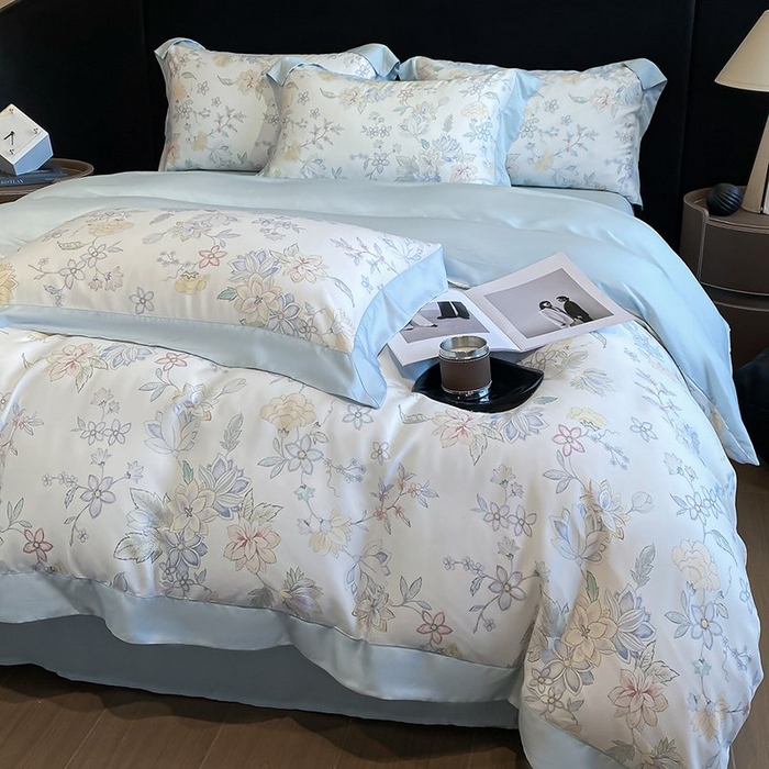 91家纺网 家纺一手货源 找家纺 慕晨 2026新款大宽边高级简奢款凉感天丝莱赛尔数码印花丝滑丝绸四件套直播热款 春日蜜糖 兰