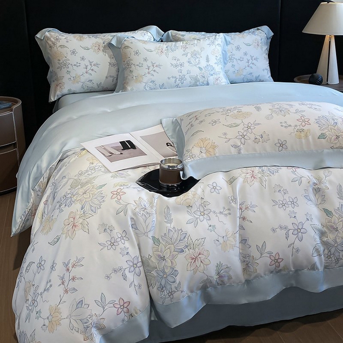 91家纺网 家纺一手货源 找家纺 慕晨 2026新款大宽边高级简奢款凉感天丝莱赛尔数码印花丝滑丝绸四件套直播热款 春日蜜糖 兰