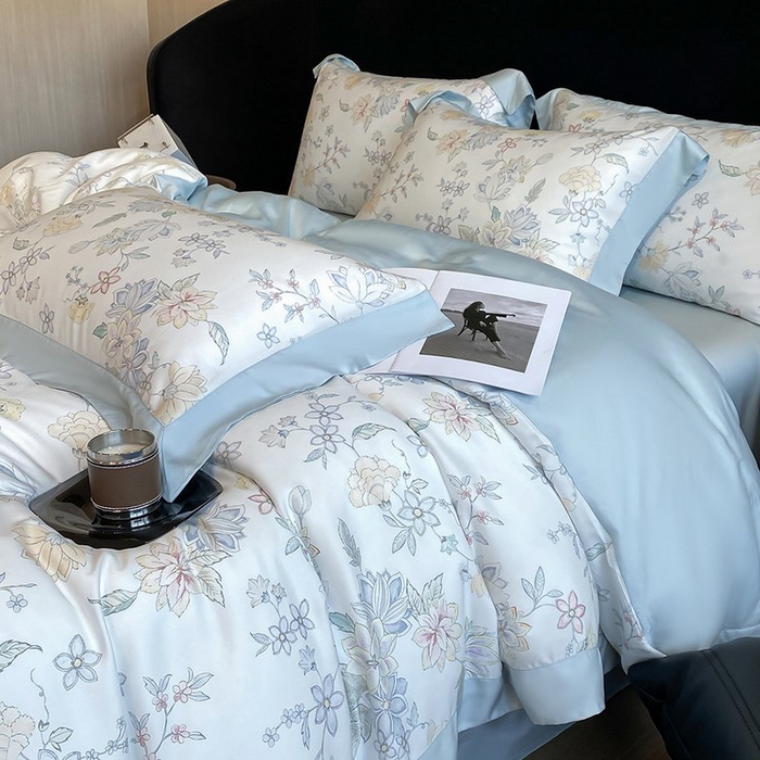 91家纺网 家纺一手货源 找家纺 慕晨 2026新款大宽边高级简奢款凉感天丝莱赛尔数码印花丝滑丝绸四件套直播热款 春日蜜糖 兰