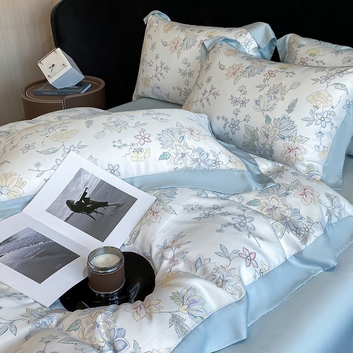 91家纺网 家纺一手货源 找家纺 慕晨 2026新款大宽边高级简奢款凉感天丝莱赛尔数码印花丝滑丝绸四件套直播热款 春日蜜糖 兰