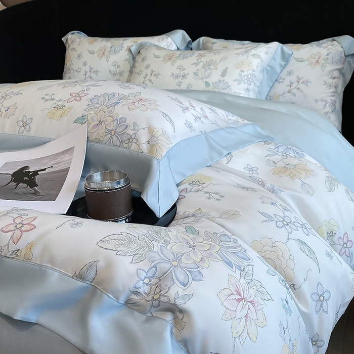 91家纺网 家纺一手货源 找家纺 慕晨 2026新款大宽边高级简奢款凉感天丝莱赛尔数码印花丝滑丝绸四件套直播热款 春日蜜糖 兰