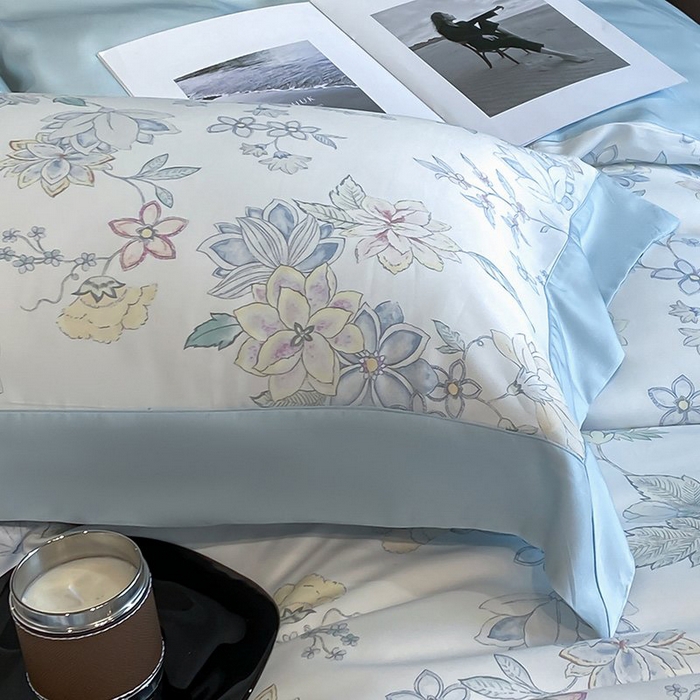 91家纺网 家纺一手货源 找家纺 慕晨 2026新款大宽边高级简奢款凉感天丝莱赛尔数码印花丝滑丝绸四件套直播热款 春日蜜糖 兰