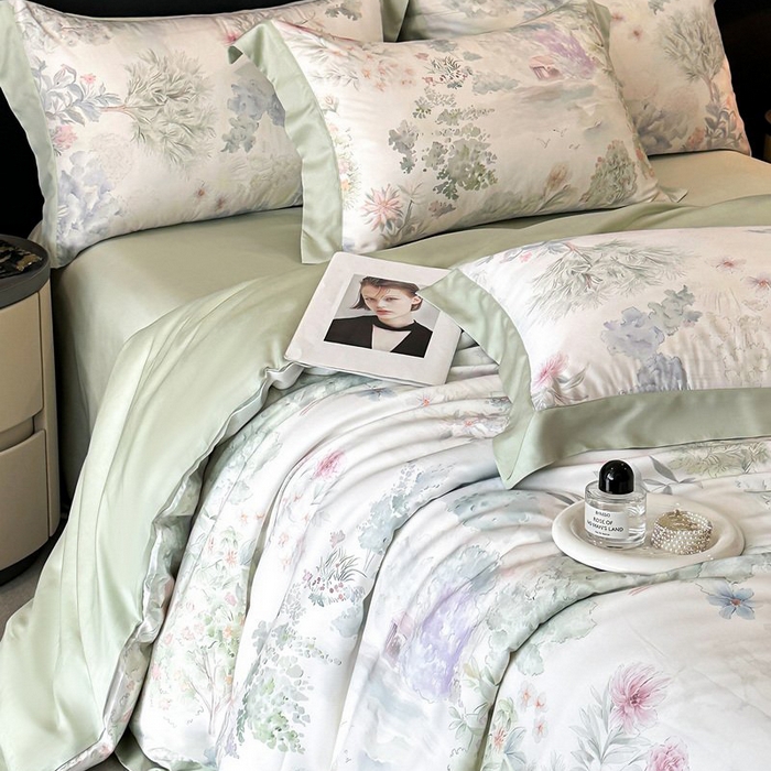 91家纺网 家纺一手货源 找家纺 慕晨 2026新款大宽边高级简奢款凉感天丝莱赛尔数码印花丝滑丝绸四件套直播热款 春树