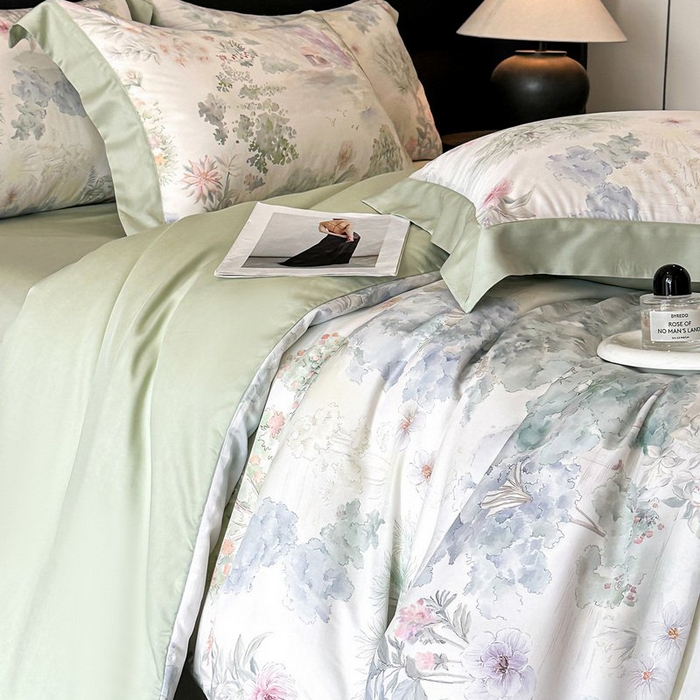 91家纺网 家纺一手货源 找家纺 慕晨 2026新款大宽边高级简奢款凉感天丝莱赛尔数码印花丝滑丝绸四件套直播热款 春树