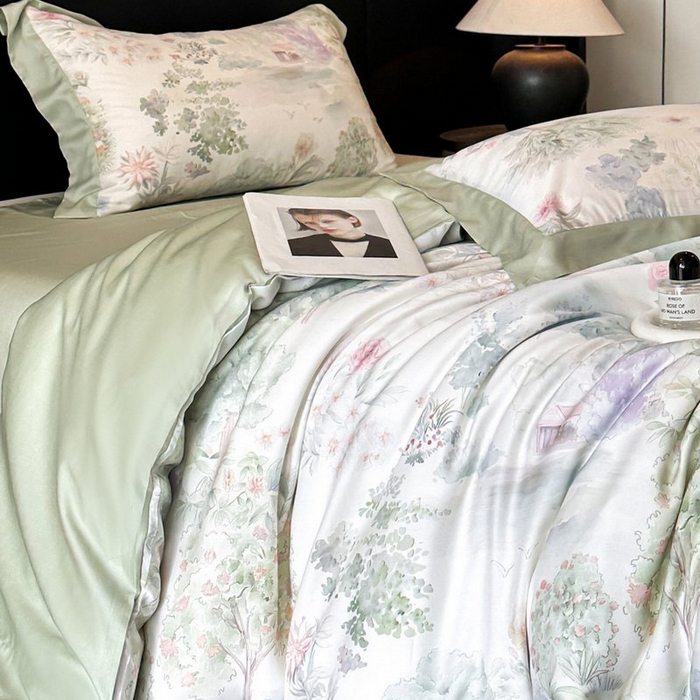 91家纺网 家纺一手货源 找家纺 慕晨 2026新款大宽边高级简奢款凉感天丝莱赛尔数码印花丝滑丝绸四件套直播热款 春树