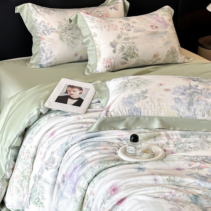 91家纺网 家纺一手货源 找家纺 慕晨 2026新款大宽边高级简奢款凉感天丝莱赛尔数码印花丝滑丝绸四件套直播热款 春树