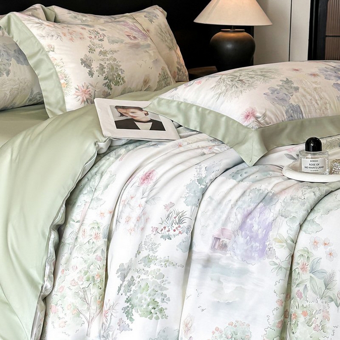 91家纺网 家纺一手货源 找家纺 慕晨 2026新款大宽边高级简奢款凉感天丝莱赛尔数码印花丝滑丝绸四件套直播热款 春树