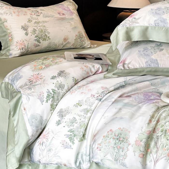 91家纺网 家纺一手货源 找家纺 慕晨 2026新款大宽边高级简奢款凉感天丝莱赛尔数码印花丝滑丝绸四件套直播热款 春树