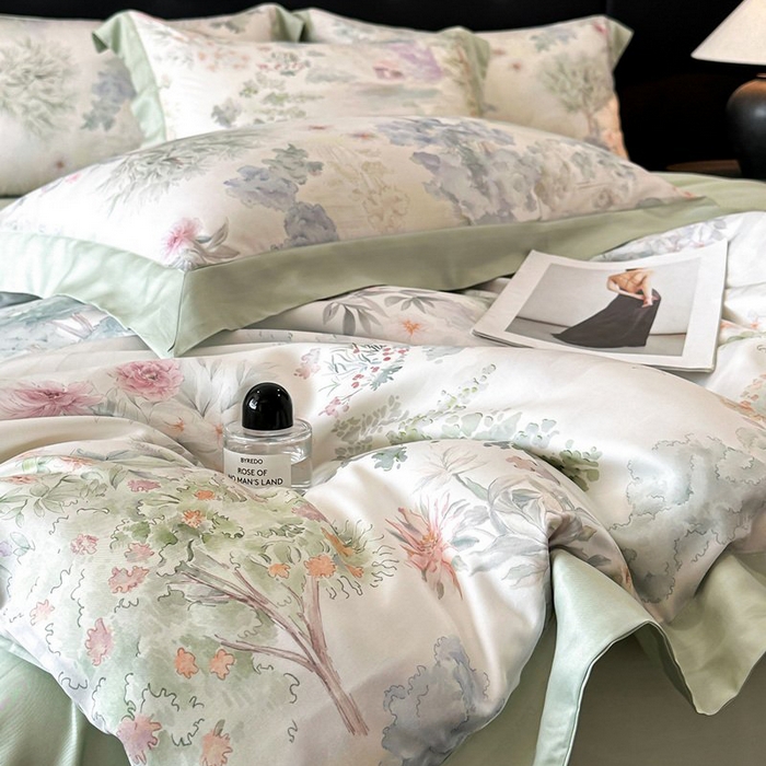 91家纺网 家纺一手货源 找家纺 慕晨 2026新款大宽边高级简奢款凉感天丝莱赛尔数码印花丝滑丝绸四件套直播热款 春树