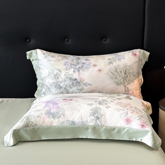 91家纺网 家纺一手货源 找家纺 慕晨 2026新款大宽边高级简奢款凉感天丝莱赛尔数码印花丝滑丝绸四件套直播热款 春树