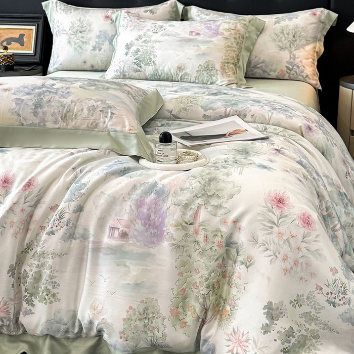 91家纺网 家纺一手货源 找家纺 慕晨 2026新款大宽边高级简奢款凉感天丝莱赛尔数码印花丝滑丝绸四件套直播热款 春树