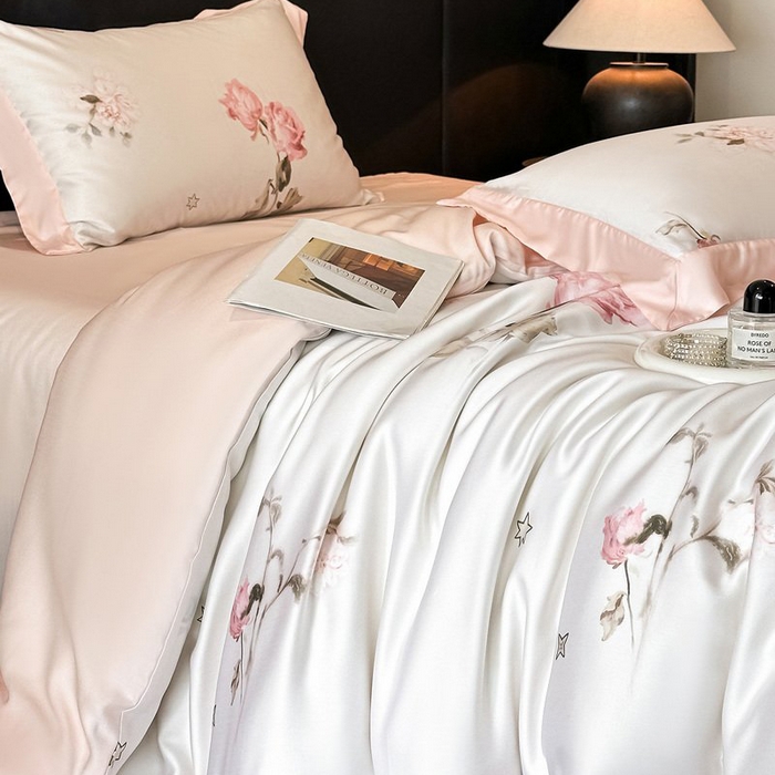 91家纺网 家纺一手货源 找家纺 慕晨 2026新款大宽边高级简奢款凉感天丝莱赛尔数码印花丝滑丝绸四件套直播热款 粉雾