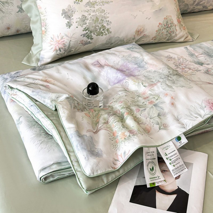 慕晨 2026新款大宽边天丝莱赛尔数码印花夏被四件套高级简奢款丝滑丝绸直播热款 春树