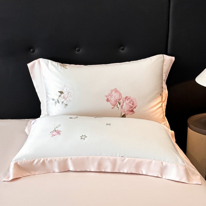 91家纺网 家纺一手货源 找家纺 慕晨 2026新款大宽边高级简奢款凉感天丝莱赛尔数码印花丝滑丝绸四件套直播热款 粉雾