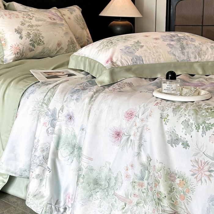 91家纺网 家纺一手货源 找家纺 慕晨 2026新款大宽边天丝莱赛尔数码印花夏被四件套高级简奢款丝滑丝绸直播热款 春树