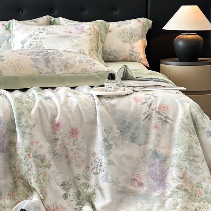 91家纺网 家纺一手货源 找家纺 慕晨 2026新款大宽边天丝莱赛尔数码印花夏被四件套高级简奢款丝滑丝绸直播热款 春树