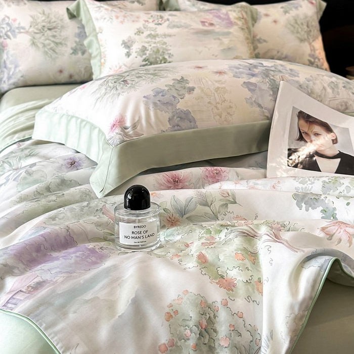 91家纺网 家纺一手货源 找家纺 慕晨 2026新款大宽边天丝莱赛尔数码印花夏被四件套高级简奢款丝滑丝绸直播热款 春树