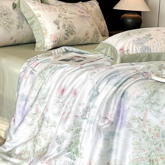 91家纺网 家纺一手货源 找家纺 慕晨 2026新款大宽边天丝莱赛尔数码印花夏被四件套高级简奢款丝滑丝绸直播热款 春树