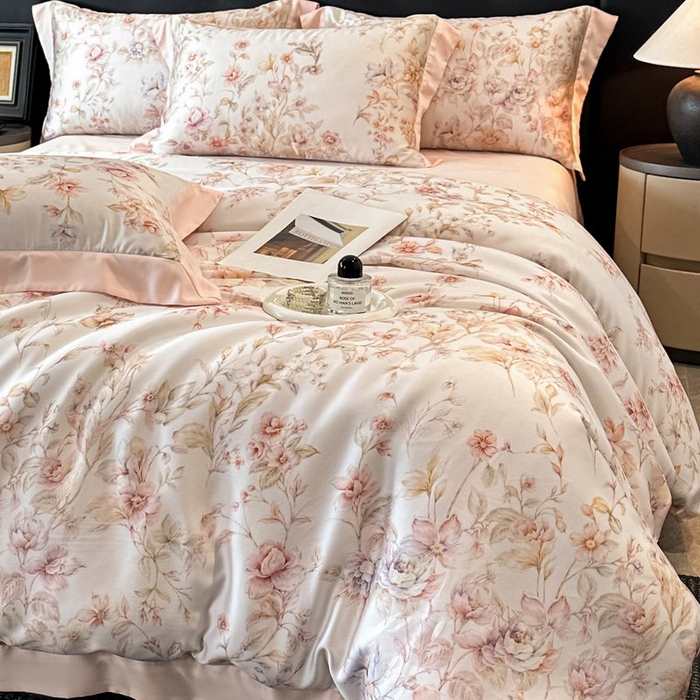 91家纺网 家纺一手货源 找家纺 慕晨 2026新款大宽边高级简奢款凉感天丝莱赛尔数码印花丝滑丝绸四件套直播热款 风栖