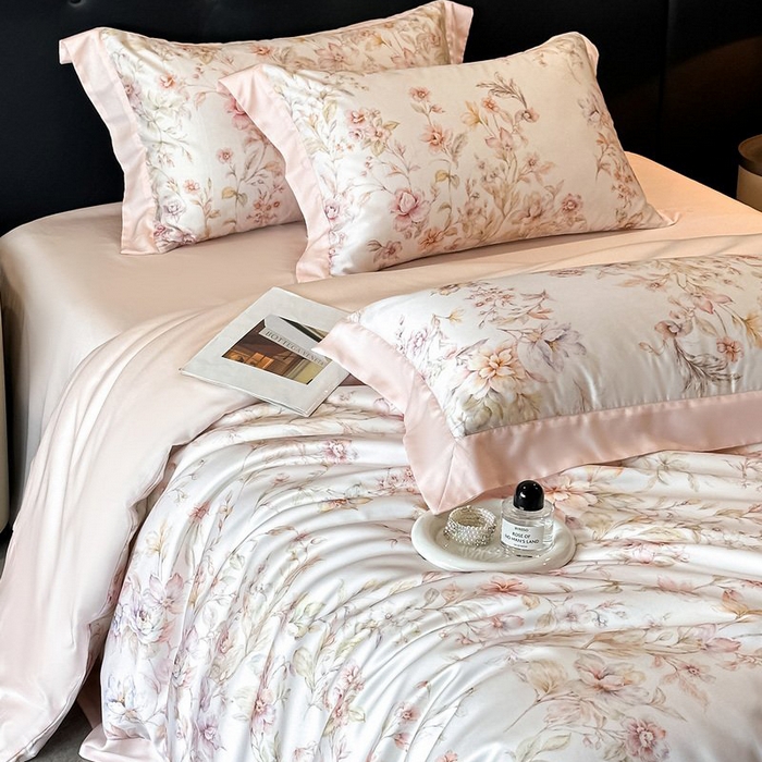 91家纺网 家纺一手货源 找家纺 慕晨 2026新款大宽边高级简奢款凉感天丝莱赛尔数码印花丝滑丝绸四件套直播热款 风栖