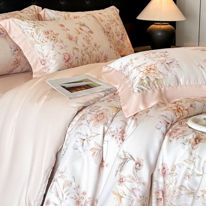 91家纺网 家纺一手货源 找家纺 慕晨 2026新款大宽边高级简奢款凉感天丝莱赛尔数码印花丝滑丝绸四件套直播热款 风栖