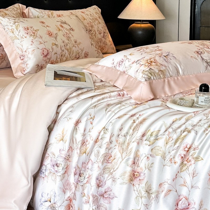 91家纺网 家纺一手货源 找家纺 慕晨 2026新款大宽边高级简奢款凉感天丝莱赛尔数码印花丝滑丝绸四件套直播热款 风栖